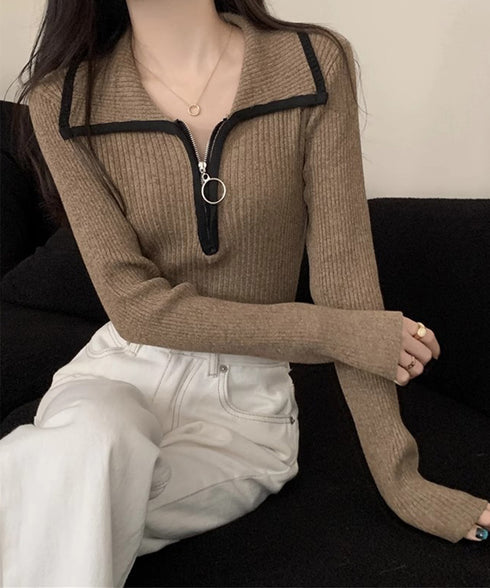 ニットトップス ファスナー付き 無地 レディース プルオーバー ニットインナー 着回し 大人 お洒落 カジュアル オフィス シンプル 99KJNZ-001