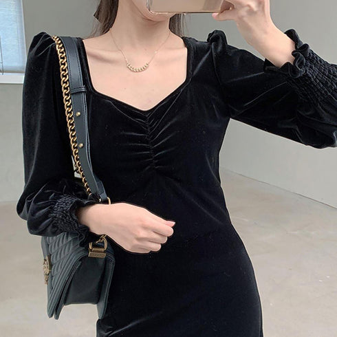 ベロアワンピース スプリット レディース タイトワンピース 黒 長袖 ハイウエスト フォーマル エレガント カジュアル フェミニン 大人 きれいめ 着やせワンピ 99KME-021