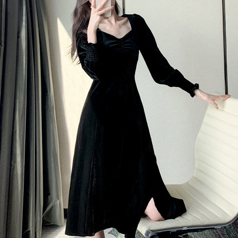 ベロアワンピース スプリット レディース タイトワンピース 黒 長袖 ハイウエスト フォーマル エレガント カジュアル フェミニン 大人 きれいめ 着やせワンピ 99KME-021