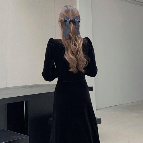 ベロアワンピース スプリット レディース タイトワンピース 黒 長袖 ハイウエスト フォーマル エレガント カジュアル フェミニン 大人 きれいめ 着やせワンピ 99KME-021