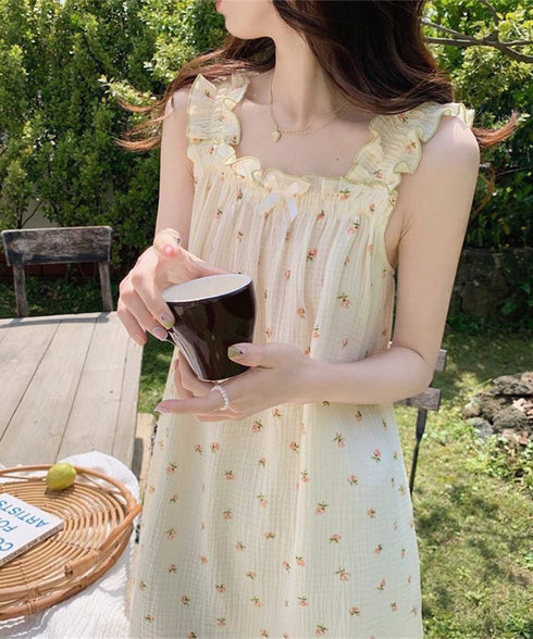パジャマ ワンピース カップ付き レディース 部屋着 ルームウェア 肌触り良い お洒落夏 リボン 花柄 可愛い きれいめ 軽やか着心地 薄手 フェミニン 99KME-028