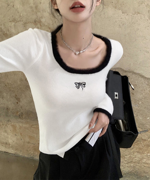 Tシャツ クールネック 刺しゅう 秋冬 レディーストップス 韓国風 ショート丈 長袖 フェミニン 大人可愛い セクシー デート オルチャン おしゃれ 着回し 99KWE-001