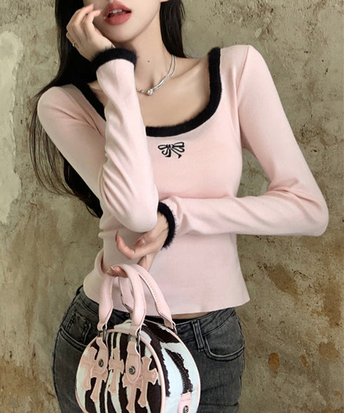 Tシャツ クールネック 刺しゅう 秋冬 レディーストップス 韓国風 ショート丈 長袖 フェミニン 大人可愛い セクシー デート オルチャン おしゃれ 着回し 99KWE-001