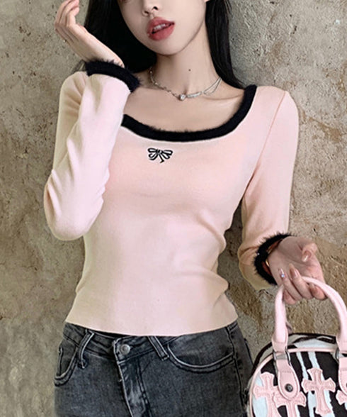 Tシャツ クールネック 刺しゅう 秋冬 レディーストップス 韓国風 ショート丈 長袖 フェミニン 大人可愛い セクシー デート オルチャン おしゃれ 着回し 99KWE-001