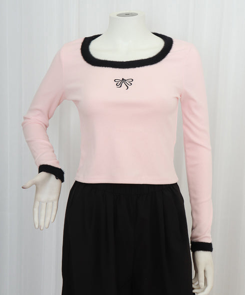 Tシャツ クールネック 刺しゅう 秋冬 レディーストップス 韓国風 ショート丈 長袖 フェミニン 大人可愛い セクシー デート オルチャン おしゃれ 着回し 99KWE-001