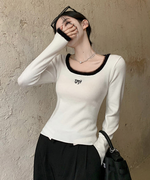 Tシャツ クールネック 刺しゅう 秋冬 レディーストップス 韓国風 ショート丈 長袖 フェミニン 大人可愛い セクシー デート オルチャン おしゃれ 着回し 99KWE-001