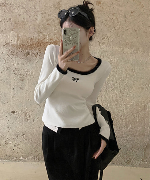 Tシャツ クールネック 刺しゅう 秋冬 レディーストップス 韓国風 ショート丈 長袖 フェミニン 大人可愛い セクシー デート オルチャン おしゃれ 着回し 99KWE-001