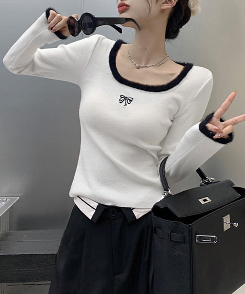 Tシャツ クールネック 刺しゅう 秋冬 レディーストップス 韓国風 ショート丈 長袖 フェミニン 大人可愛い セクシー デート オルチャン おしゃれ 着回し 99KWE-001