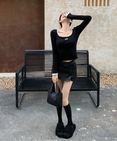 Tシャツ クールネック 刺しゅう 秋冬 レディーストップス 韓国風 ショート丈 長袖 フェミニン 大人可愛い セクシー デート オルチャン おしゃれ 着回し 99KWE-001