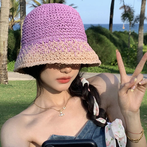 麦わら帽子 配色ストローハット 小顔韓国 レディース帽子 バケットハット ナチュラル uv対策 日焼け対策 折りたたみ 通気性 リゾート 夏海 可愛い おしゃれ 99LLZ-001