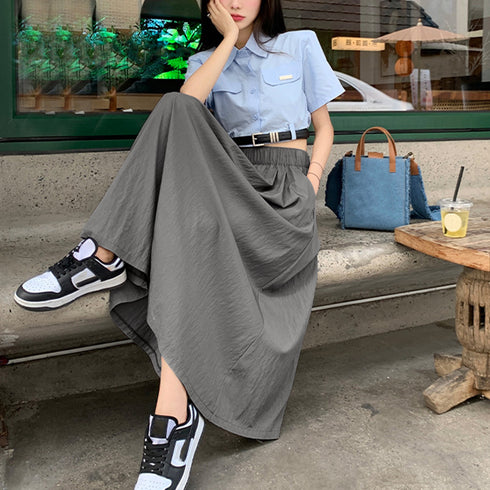薄手ロングスカート ハイウエスト 韓国夏 レディース 無地 着やせ ウエストゴム フレアスカート お洒落大人 カジュアル 体型カバー オルチャン 99LRFS-001