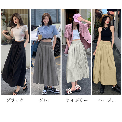 薄手ロングスカート ハイウエスト 韓国夏 レディース 無地 着やせ ウエストゴム フレアスカート お洒落大人 カジュアル 体型カバー オルチャン 99LRFS-001