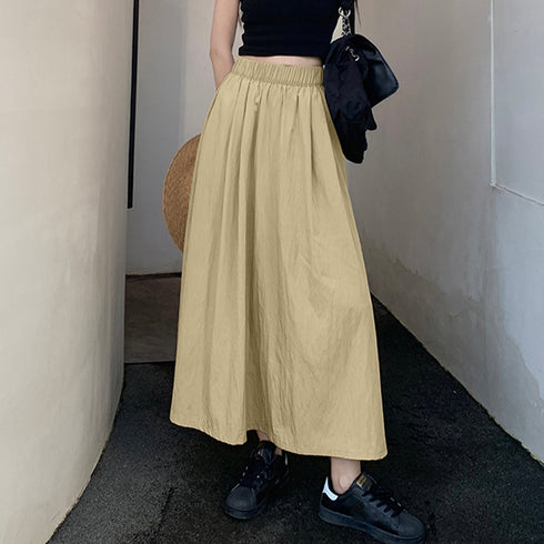 薄手ロングスカート ハイウエスト 韓国夏 レディース 無地 着やせ ウエストゴム フレアスカート お洒落大人 カジュアル 体型カバー オルチャン 99LRFS-001