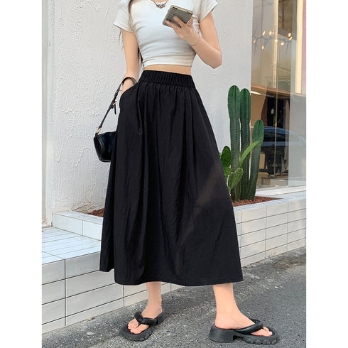 薄手ロングスカート ハイウエスト 韓国夏 レディース 無地 着やせ ウエストゴム フレアスカート お洒落大人 カジュアル 体型カバー オルチャン 99LRFS-001