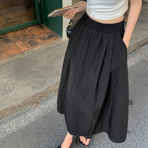 薄手ロングスカート ハイウエスト 韓国夏 レディース 無地 着やせ ウエストゴム フレアスカート お洒落大人 カジュアル 体型カバー オルチャン 99LRFS-001