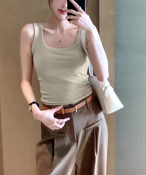 タンクトップ レディース 無地 Uネック 見せインナー 肌着 フィット ノースリーブ 着回し ベーシック オシャレ 大人 カジュアル セクシー 部屋着 99LTJ-001