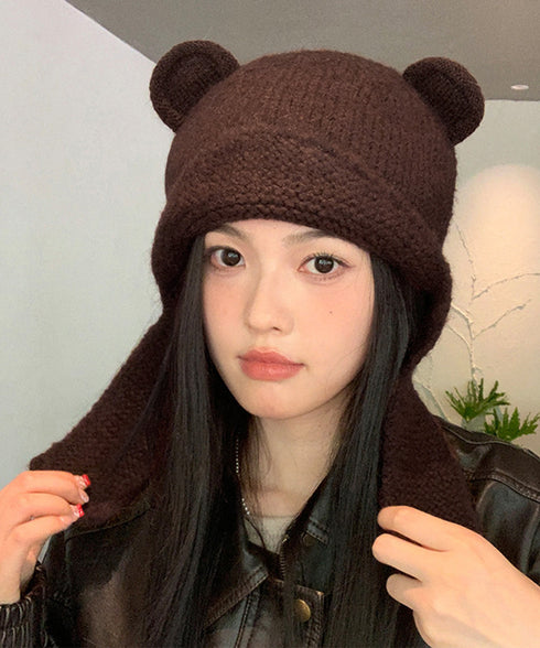 くま耳ニット帽 レディース 韓国風 リブ編み ハートボタン 小顔 秋冬 あったか 折りたたみ カジュアル おしゃれ 可愛い 人気 お出掛け 保温防寒 99LXMY-001