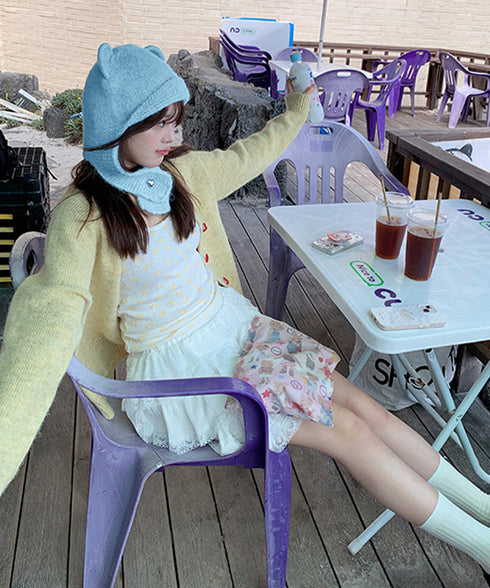 くま耳ニット帽 レディース 韓国風 リブ編み ハートボタン 小顔 秋冬 あったか 折りたたみ カジュアル おしゃれ 可愛い 人気 お出掛け 保温防寒 99LXMY-001