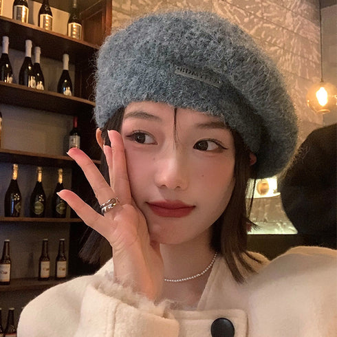ニットベレー帽 起毛 レディース 秋冬 ハット ベレーぼうし 合金飾り 小顔 折りたたみ ぼうし 柔らかい 丸み トレンド感 かわいい おしゃれ カジュアル 99MHMY-022