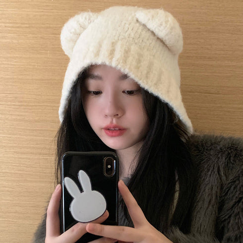 くま耳ニット帽 小顔 レディース 韓国風 リブ編み帽子 耳付き 韓国風 おしゃれ 秋冬 折りたたみ シルエット カジュアル おしゃれ 可愛い 人気 お出掛け 99MHMY-023
