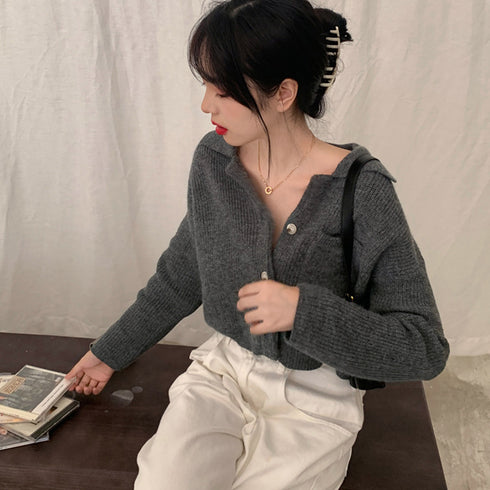 ショート丈ニット カーディガン トップス レディース 韓国風 ニットトップス アウター 開襟セーター 襟付き ポケット付き ボタン開閉 セクシー 無地 カジュアル 99MMFZ-013