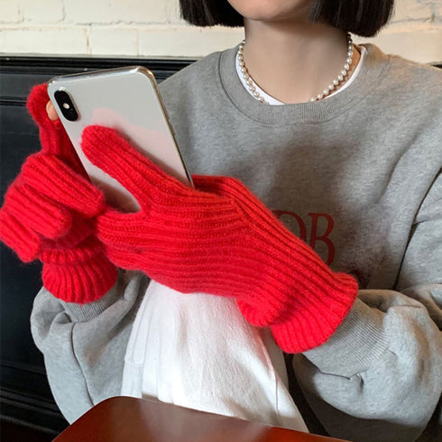 ホールタッチ ニットグローブ 全9色 レディース ニット手袋 リブ編み 5本指タイプ スマホ操作 オルチャン シンプル 無地 お洒落 防寒性 可愛い 99MMFZ-016