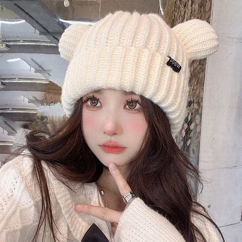 くま耳ニット帽 レディース帽子 韓国風 秋冬 耳付き 厚手 リブ編み帽子 小顔 可愛い 寒さ対策 おしゃれ コスプレ 仮装帽子 3色 黒 99MMFZ-031