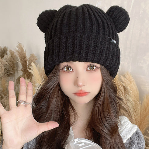 くま耳ニット帽 レディース帽子 韓国風 秋冬 耳付き 厚手 リブ編み帽子 小顔 可愛い 寒さ対策 おしゃれ コスプレ 仮装帽子 3色 黒 99MMFZ-031