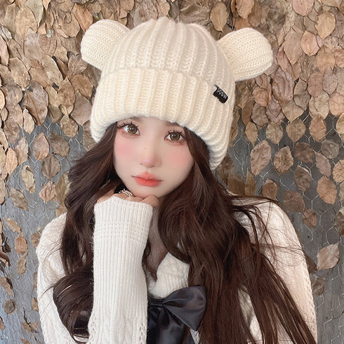 くま耳ニット帽 レディース帽子 韓国風 秋冬 耳付き 厚手 リブ編み帽子 小顔 可愛い 寒さ対策 おしゃれ コスプレ 仮装帽子 3色 黒 99MMFZ-031