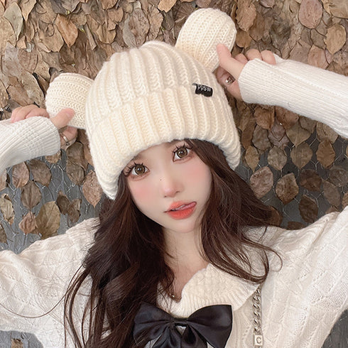 くま耳ニット帽 レディース帽子 韓国風 秋冬 耳付き 厚手 リブ編み帽子 小顔 可愛い 寒さ対策 おしゃれ コスプレ 仮装帽子 3色 黒 99MMFZ-031