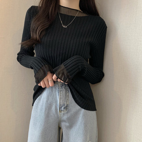 長袖 ニットセーター レディース レース ドッキング リブニット プチハイネック レイヤード おしゃれ ニットソー 切り替え きれいめ 韓国ファッション 99MMFZ-032