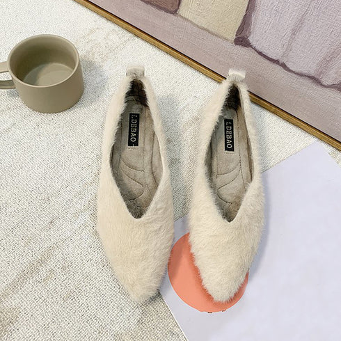 パンプス レディース 靴 シューズ 浅口 綿毛 ぺたんこ靴 もこもこ 温かい 大人 通勤 無地 可愛い ファー フラットシューズ 歩きやすい 韓国ファッション 99MOXC-172