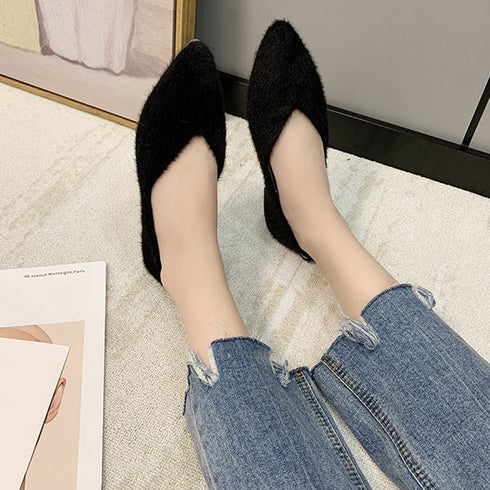 パンプス レディース 靴 シューズ 浅口 綿毛 ぺたんこ靴 もこもこ 温かい 大人 通勤 無地 可愛い ファー フラットシューズ 歩きやすい 韓国ファッション 99MOXC-172