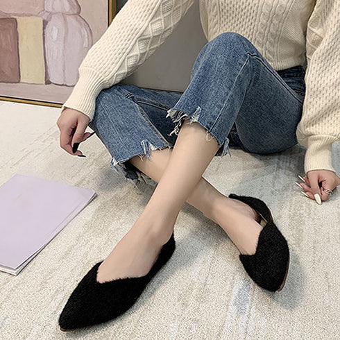 パンプス レディース 靴 シューズ 浅口 綿毛 ぺたんこ靴 もこもこ 温かい 大人 通勤 無地 可愛い ファー フラットシューズ 歩きやすい 韓国ファッション 99MOXC-172