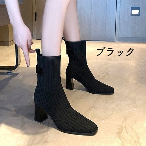 ショートブーツ レディース ブーティ ソックスブーツ リブ 秋冬 ブラック ハイヒール ショート丈 ファッション靴 韓国 オルチャン 99MOXC-174