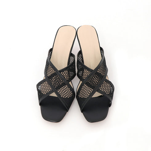 ミュール サンダル レディース 韓国春夏 スクエアトゥ サマーサンダル 6cmヒール ミュール メッシュ靴 美脚 クロス 大人 シースルー レトロ シューズ 99MOXC-183