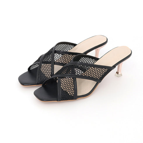 ミュール サンダル レディース 韓国春夏 スクエアトゥ サマーサンダル 6cmヒール ミュール メッシュ靴 美脚 クロス 大人 シースルー レトロ シューズ 99MOXC-183