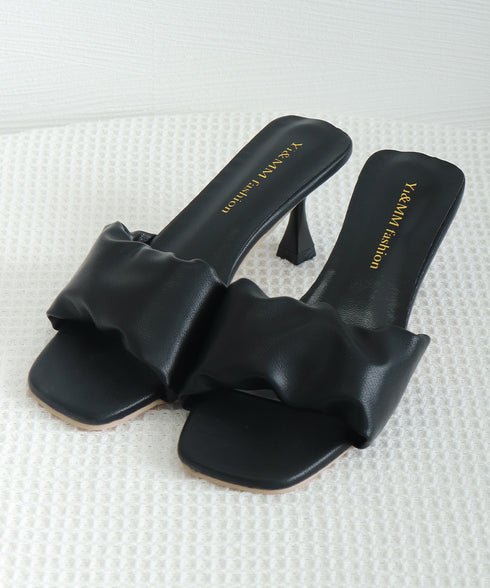 ミュールサンダル レディース 春夏 ミドルヒール スクエアトゥ ギャザー 美脚 脚長 きれいめ 大人 おしゃれ オルチャン 履きやすい フェミニン 99MOXC-195