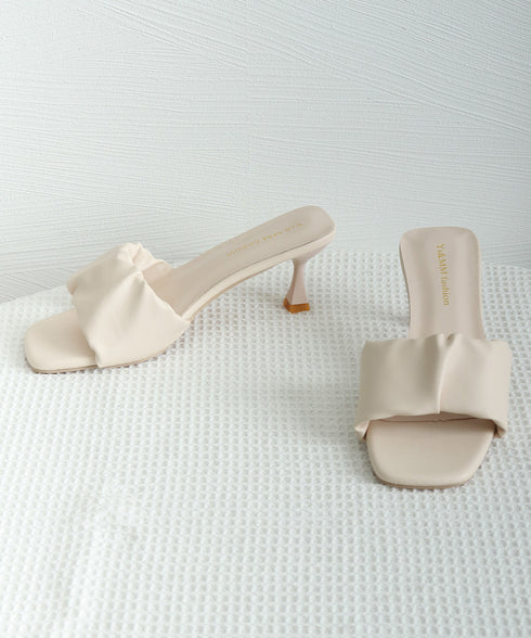 ミュールサンダル レディース 春夏 ミドルヒール スクエアトゥ ギャザー 美脚 脚長 きれいめ 大人 おしゃれ オルチャン 履きやすい フェミニン 99MOXC-195