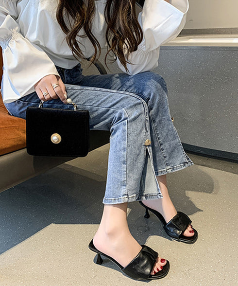ミュールサンダル レディース 春夏 ミドルヒール スクエアトゥ ギャザー 美脚 脚長 きれいめ 大人 おしゃれ オルチャン 履きやすい フェミニン 99MOXC-195
