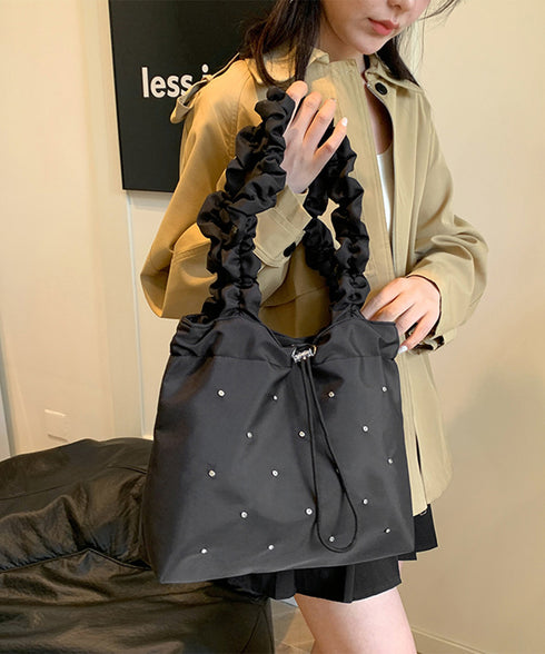 トートバッグ ラインストーン ナイロン レディース スクエアバッグ 手提げバッグ 大容量かばん 軽い ギャザー カジュアル 可愛い 大人女子 きれいめ 99MSXB-008