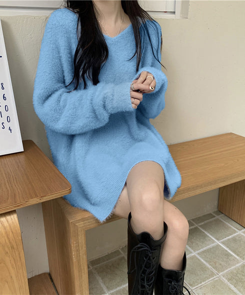 ニットチュニック レディース 長袖 セーター 無地 Vネック ゆったり シャギー 着回し 大人 シンプル カジュアル セクシー きれいめ 99MYGC-001