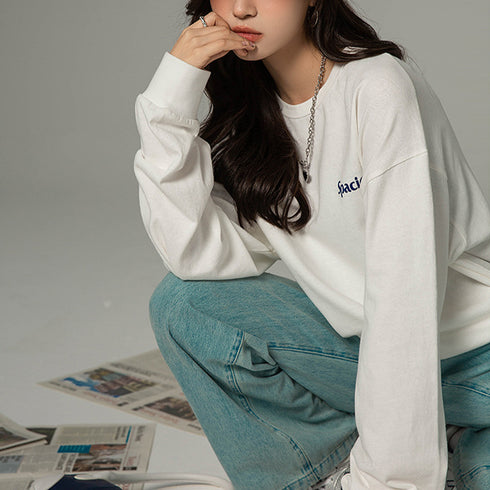 英字ロゴスウェット レディース 韓国 長袖Tシャツ カットソー プルオーバー ゆったり カジュアル おしゃれ ロング丈 着やせ オルチャン ルームウェア 99MYMY-004