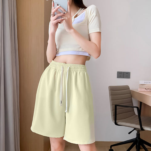 ワイドパンツ カラー短パン 韓国 9色 レディース ショートパンツ ハーフパンツ ウエストゴム Aライン おしゃれ カジュアル 着やせ ゆったり 部屋着 夏 99NDG-001