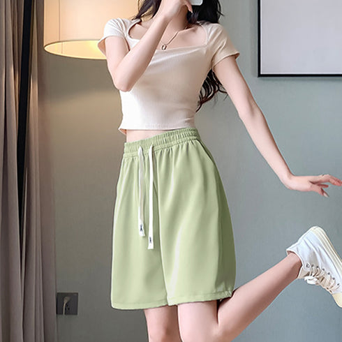 ワイドパンツ カラー短パン 韓国 9色 レディース ショートパンツ ハーフパンツ ウエストゴム Aライン おしゃれ カジュアル 着やせ ゆったり 部屋着 夏 99NDG-001