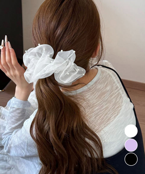 パール付きシュシュ 透け感ヘアゴム ヘアアクセサリー 髪飾り フェイクパール まとめ髪 大人っぽい きれいめ 可愛い おしゃれ お団子 ヘアグッズ 簡単 99RMSP-001