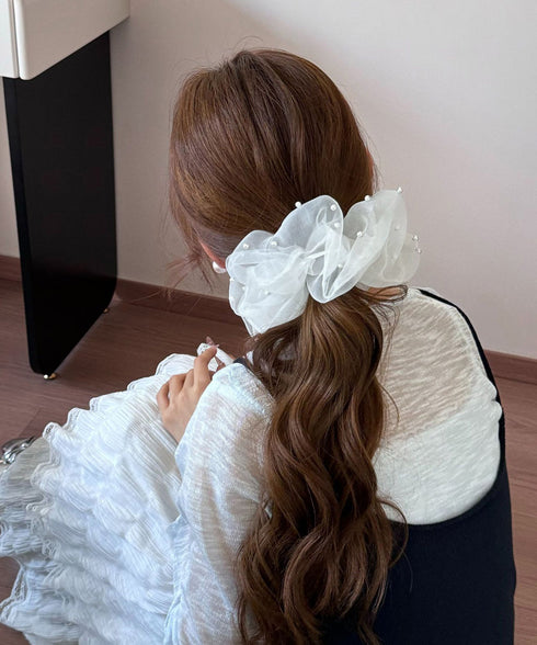 パール付きシュシュ 透け感ヘアゴム ヘアアクセサリー 髪飾り フェイクパール まとめ髪 大人っぽい きれいめ 可愛い おしゃれ お団子 ヘアグッズ 簡単 99RMSP-001