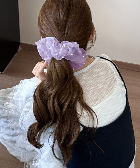 パール付きシュシュ 透け感ヘアゴム ヘアアクセサリー 髪飾り フェイクパール まとめ髪 大人っぽい きれいめ 可愛い おしゃれ お団子 ヘアグッズ 簡単 99RMSP-001