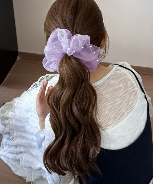 パール付きシュシュ 透け感ヘアゴム ヘアアクセサリー 髪飾り フェイクパール まとめ髪 大人っぽい きれいめ 可愛い おしゃれ お団子 ヘアグッズ 簡単 99RMSP-001