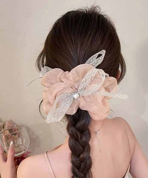 シュシュ レース蝶結び フェイクパール レディース まとめ髪 人気ヘアアレンジ 大人可愛い 髪飾り 髪留め オルチャン おしゃれ カジュアル プレゼント 99RMSP-002